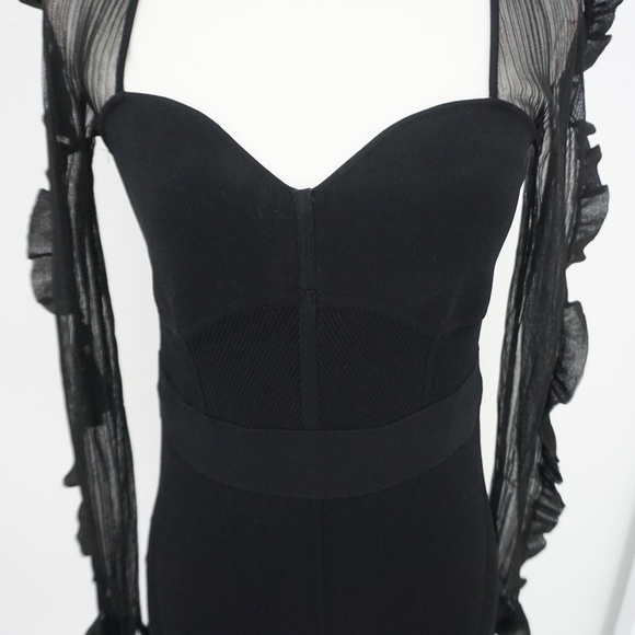 Herve Leger Black Ruffle Sheer Sleeve Corset Midi Dress Evening Cocktail Holiday - Picture 4 of 16